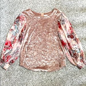 Crushed Velvet Blouse with sheer floral sleeves